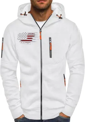 Mens Zip Up Hoodies American Flag Cross Graphic Shirt Long Sleeve Lightweight Casual Patriotic Spring Sweatshirts Top