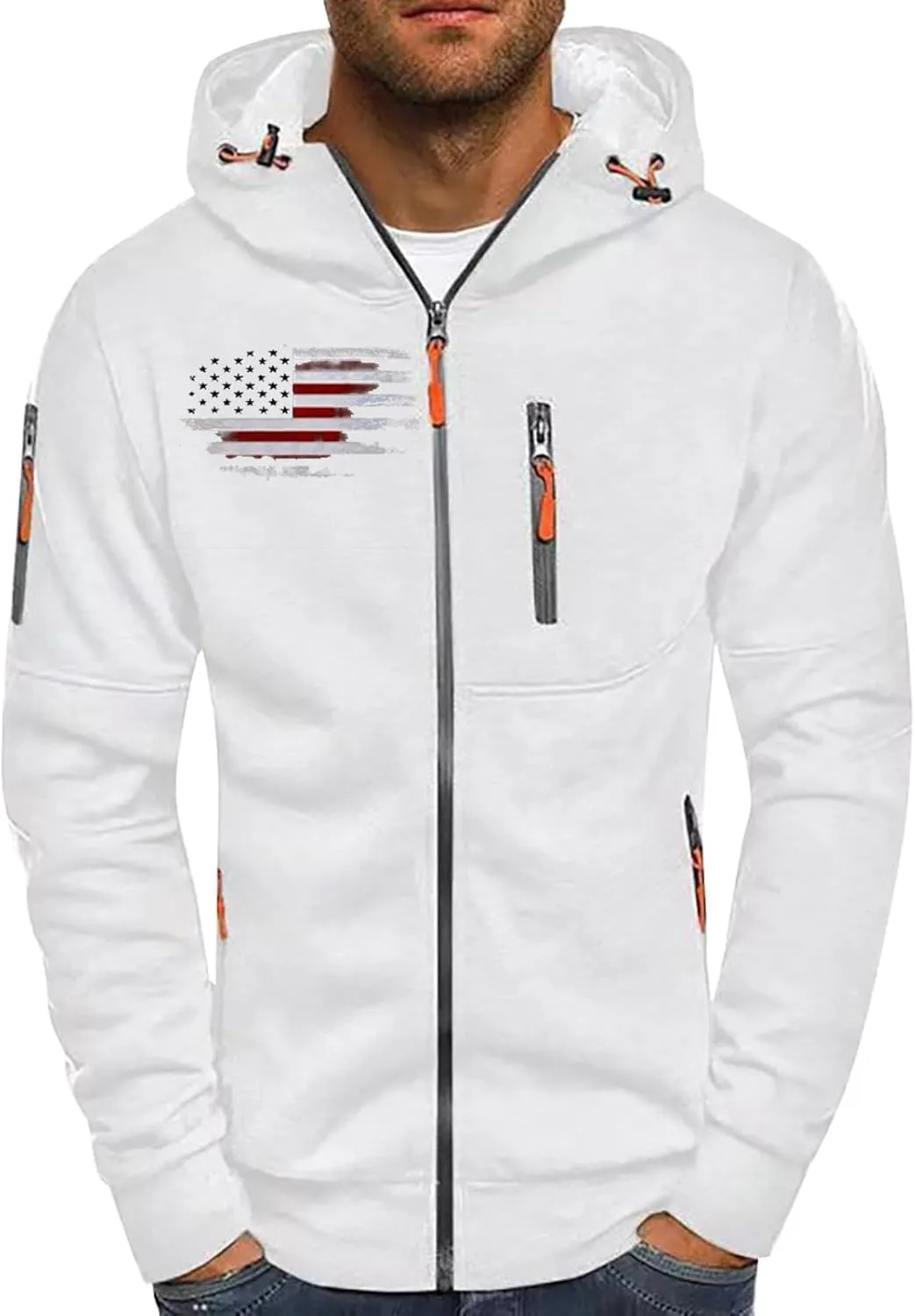 Mens Zip Up Hoodies American Flag Cross Graphic Shirt Long Sleeve Lightweight Casual Patriotic Spring Sweatshirts Top