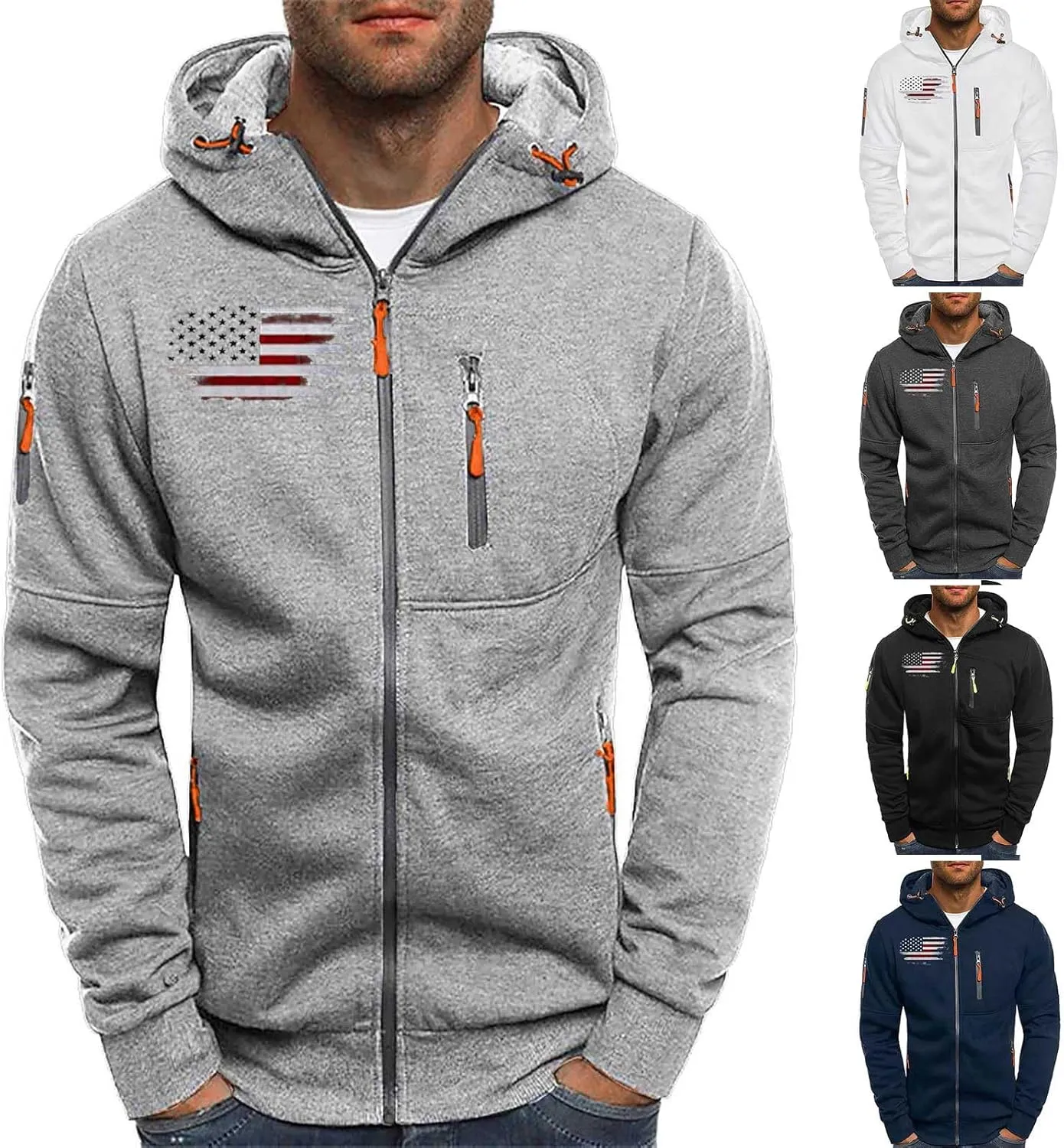 Mens Zip Up Hoodies American Flag Cross Graphic Shirt Long Sleeve Lightweight Casual Patriotic Spring Sweatshirts Top