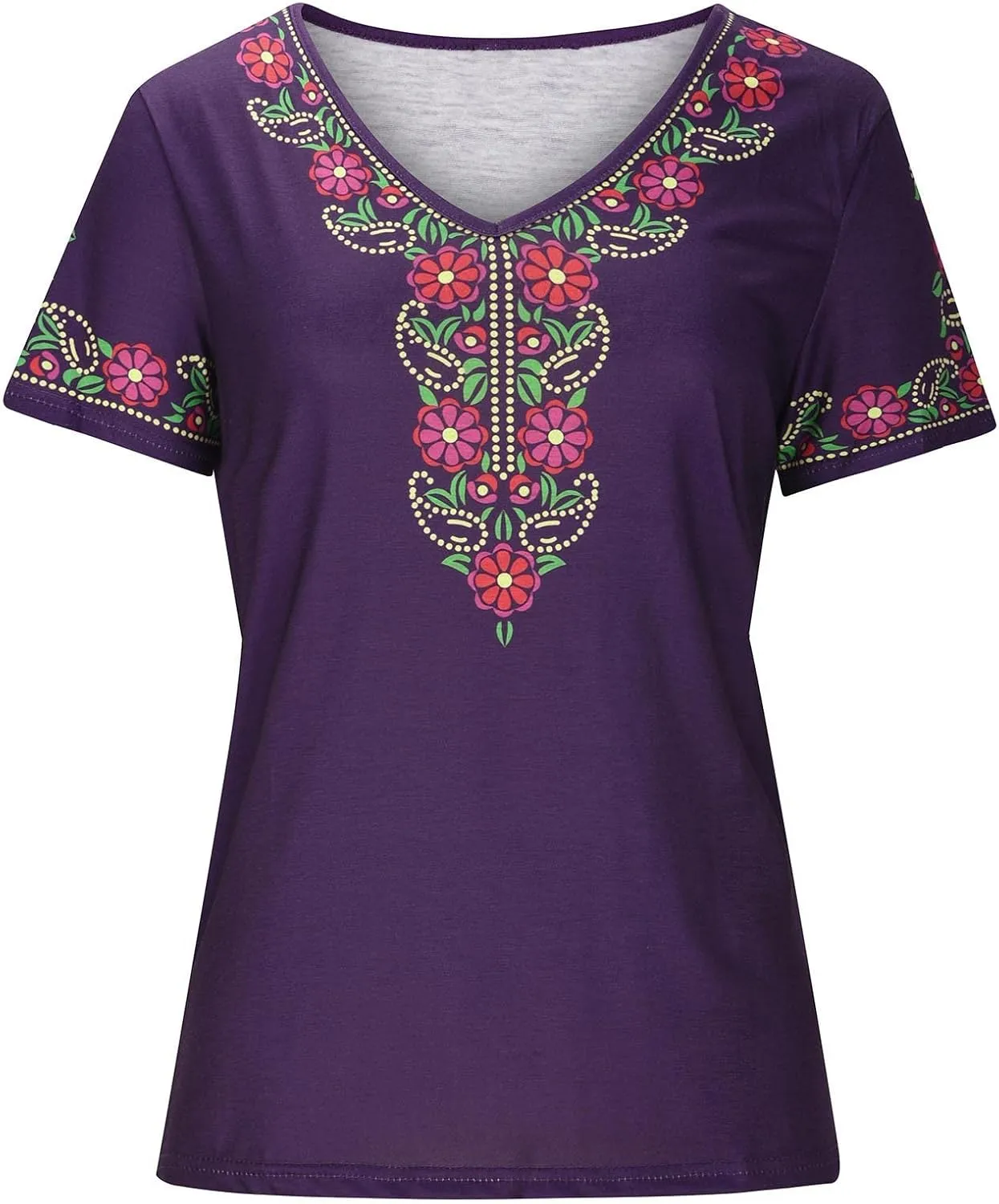 Mexican Shirt for Women 2024 Fashion Mexican Embroidered Blouse Ethnic Style Tees Boho Floral Print Short Sleeve Tops