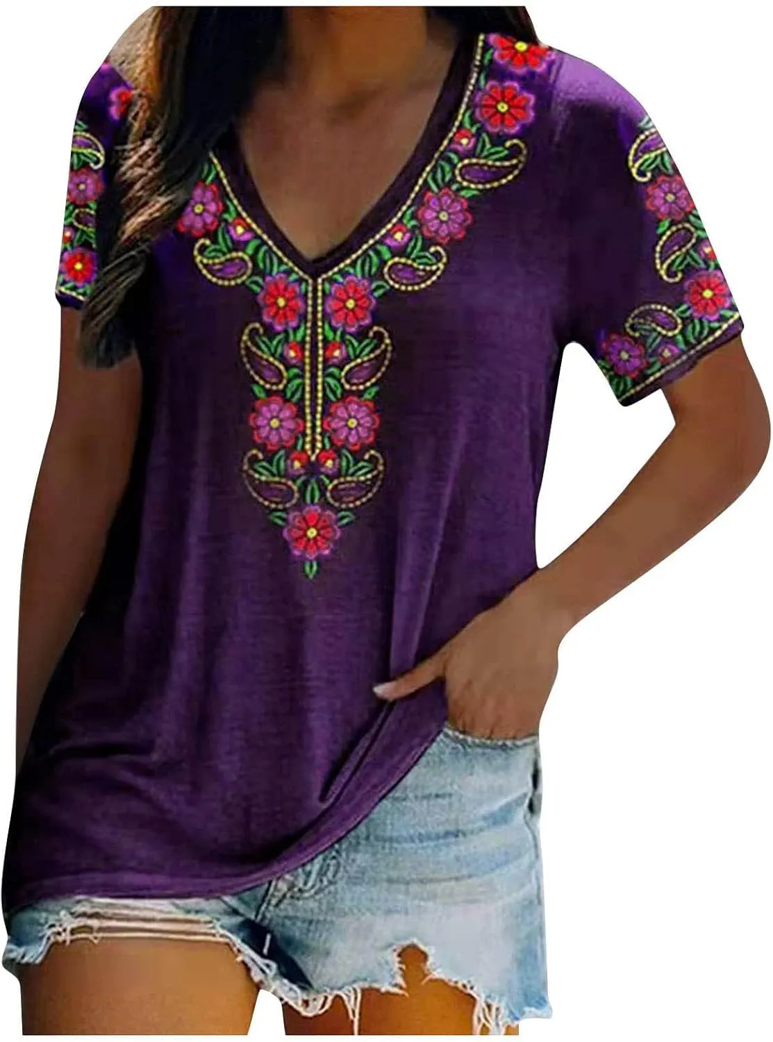 Mexican Shirt for Women 2024 Fashion Mexican Embroidered Blouse Ethnic Style Tees Boho Floral Print Short Sleeve Tops