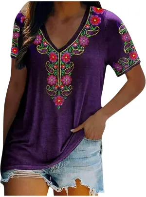 Mexican Shirt for Women 2024 Fashion Mexican Embroidered Blouse Ethnic Style Tees Boho Floral Print Short Sleeve Tops