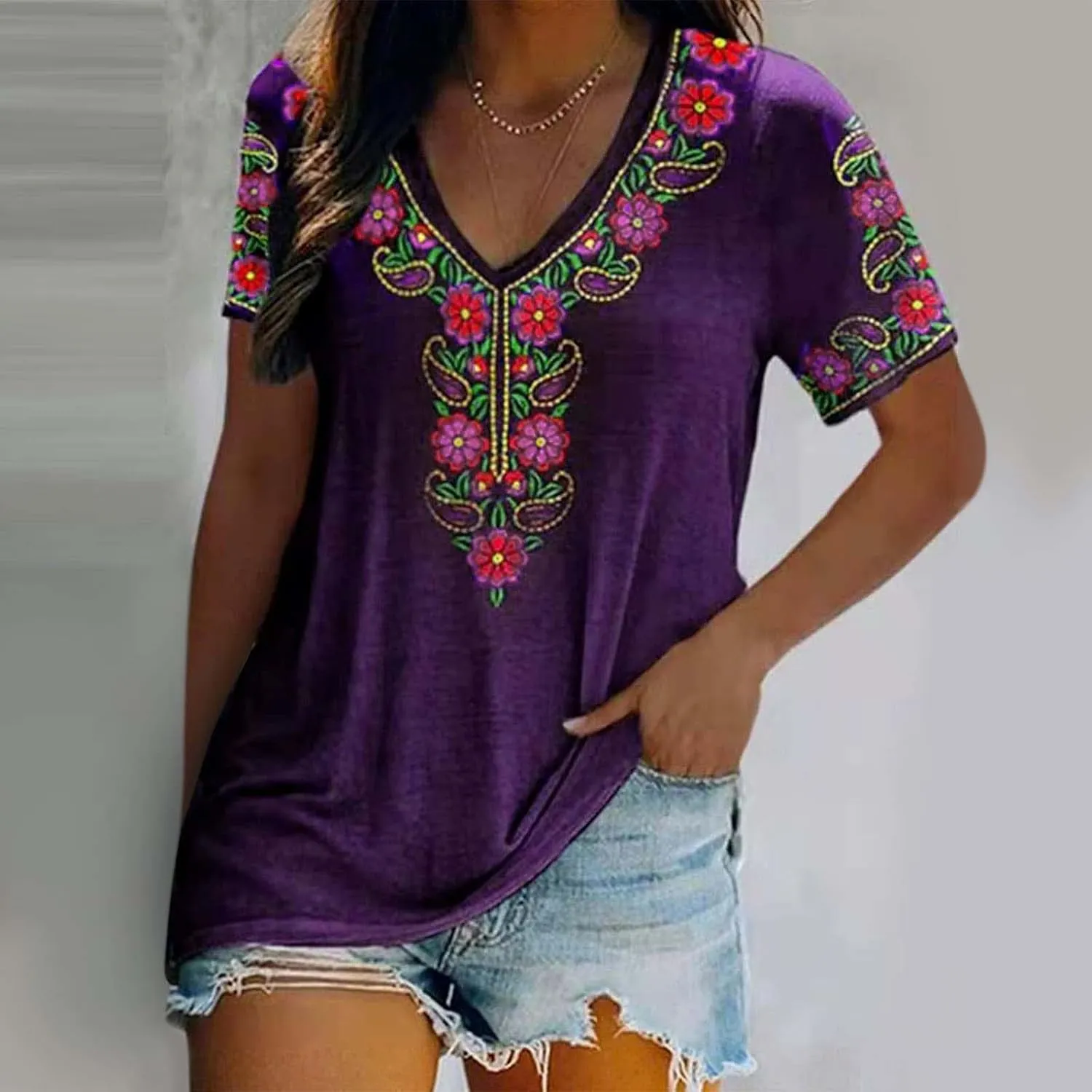 Mexican Shirt for Women 2024 Fashion Mexican Embroidered Blouse Ethnic Style Tees Boho Floral Print Short Sleeve Tops