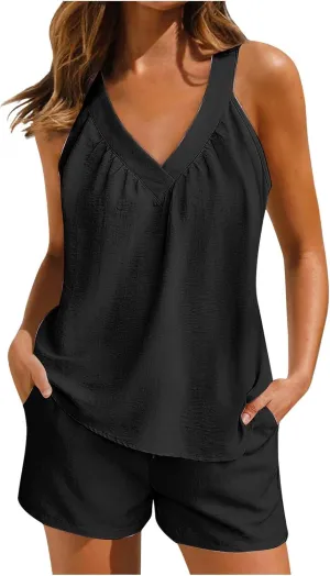 midelxp Linen Short Sets for Women Summer Lounge Outfits High Waisted Shorts V Neck Halter Tops Comfy Soft Cute Pajama Sets