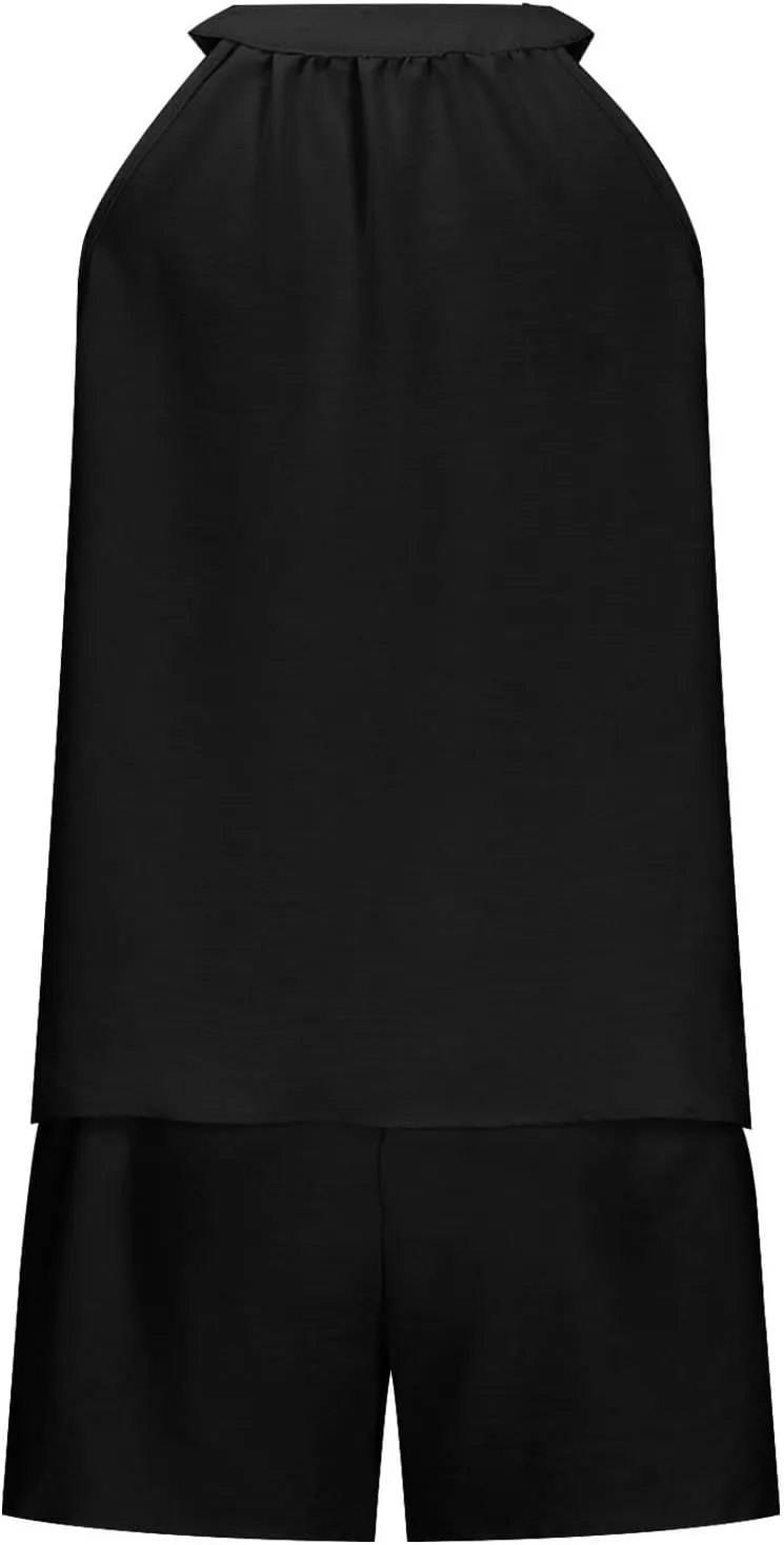 midelxp Linen Short Sets for Women Summer Lounge Outfits High Waisted Shorts V Neck Halter Tops Comfy Soft Cute Pajama Sets