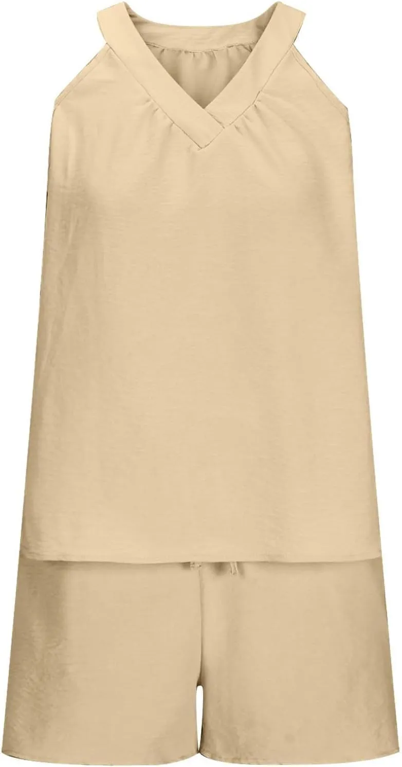 midelxp Linen Short Sets for Women Summer Lounge Outfits High Waisted Shorts V Neck Halter Tops Comfy Soft Cute Pajama Sets
