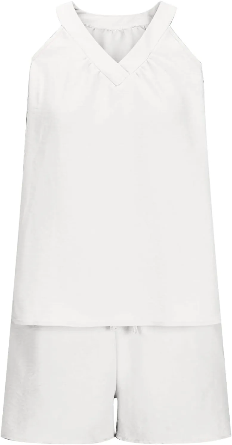 midelxp Linen Short Sets for Women Summer Lounge Outfits High Waisted Shorts V Neck Halter Tops Comfy Soft Cute Pajama Sets