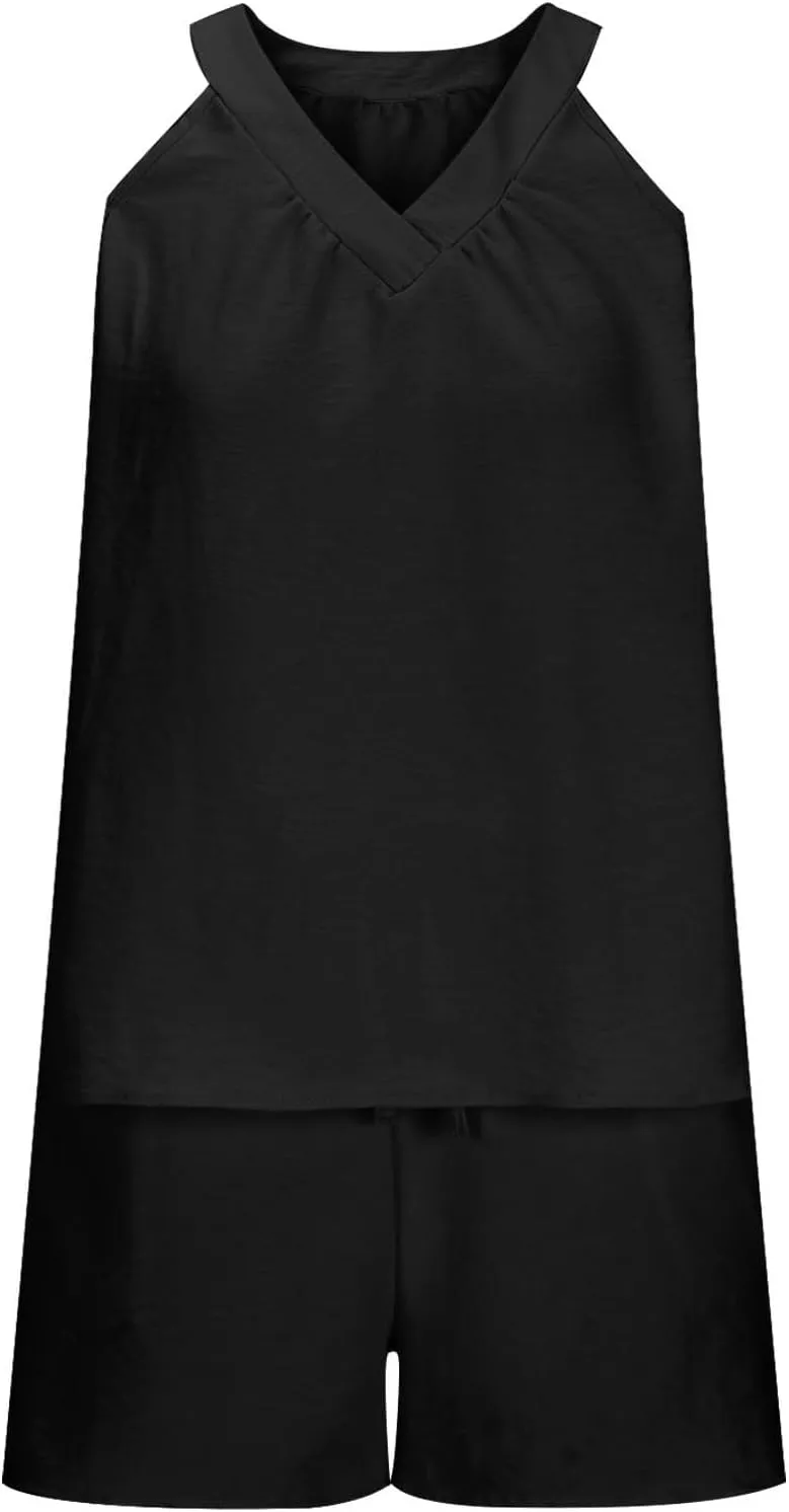 midelxp Linen Short Sets for Women Summer Lounge Outfits High Waisted Shorts V Neck Halter Tops Comfy Soft Cute Pajama Sets