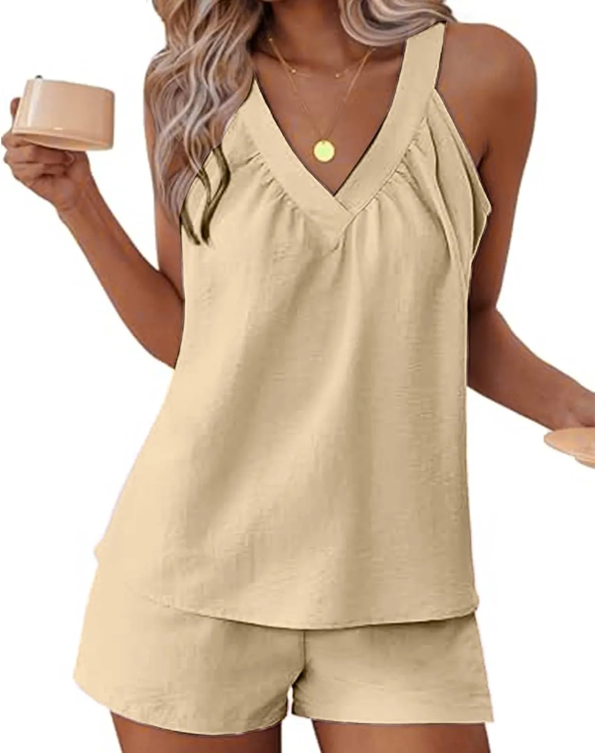 midelxp Linen Short Sets for Women Summer Lounge Outfits High Waisted Shorts V Neck Halter Tops Comfy Soft Cute Pajama Sets