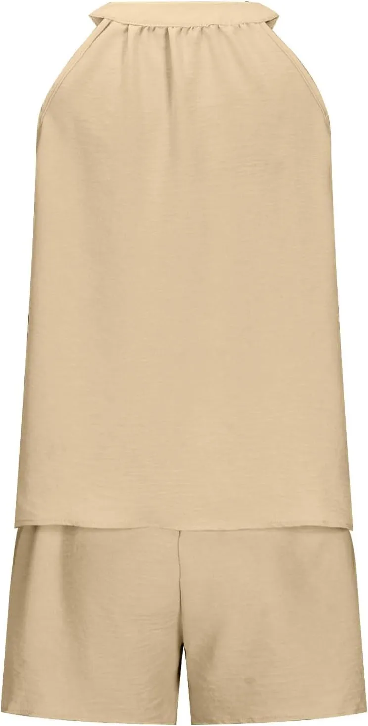 midelxp Linen Short Sets for Women Summer Lounge Outfits High Waisted Shorts V Neck Halter Tops Comfy Soft Cute Pajama Sets
