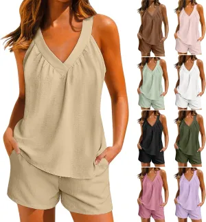 midelxp Linen Short Sets for Women Summer Lounge Outfits High Waisted Shorts V Neck Halter Tops Comfy Soft Cute Pajama Sets