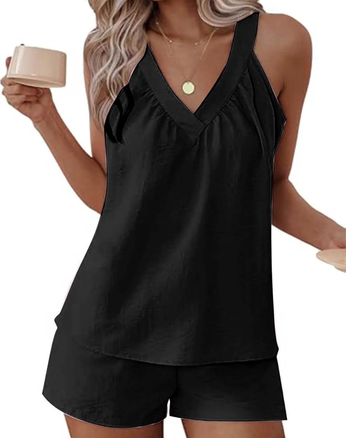 midelxp Linen Short Sets for Women Summer Lounge Outfits High Waisted Shorts V Neck Halter Tops Comfy Soft Cute Pajama Sets