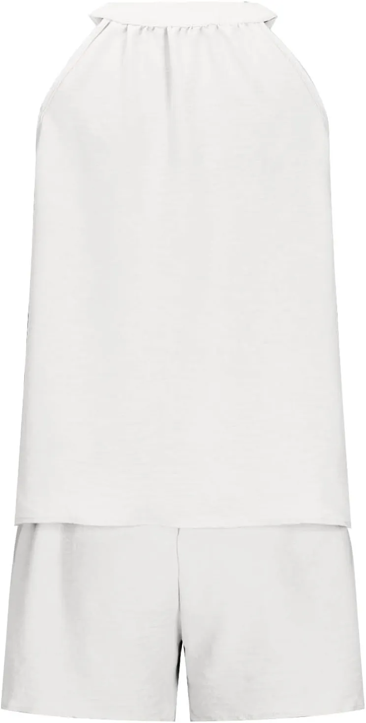 midelxp Linen Short Sets for Women Summer Lounge Outfits High Waisted Shorts V Neck Halter Tops Comfy Soft Cute Pajama Sets