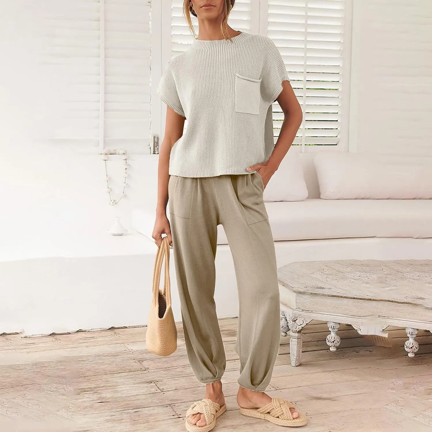 midelxp Womens Two Piece Outfits Casual Sweater Sets Knit Cap Sleeve Tops High Waisted Pants with Pockets Summer Lounge Sets