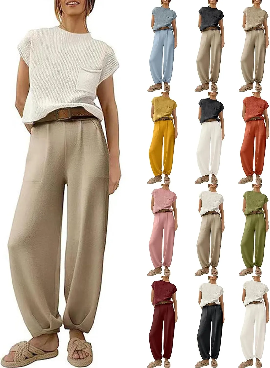 midelxp Womens Two Piece Outfits Casual Sweater Sets Knit Cap Sleeve Tops High Waisted Pants with Pockets Summer Lounge Sets