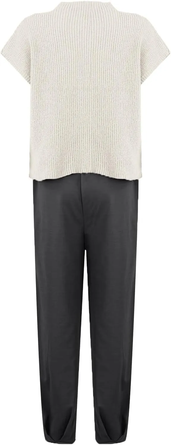 midelxp Womens Two Piece Outfits Casual Sweater Sets Knit Cap Sleeve Tops High Waisted Pants with Pockets Summer Lounge Sets