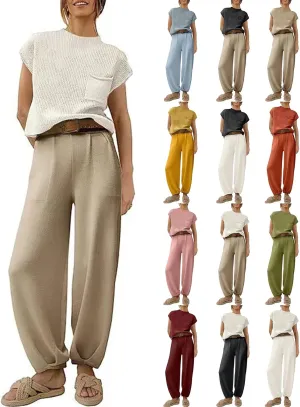 midelxp Womens Two Piece Outfits Casual Sweater Sets Knit Cap Sleeve Tops High Waisted Pants with Pockets Summer Lounge Sets