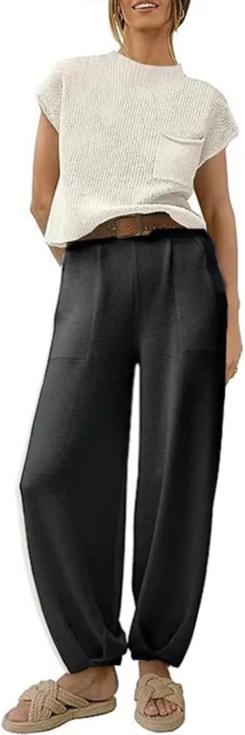 midelxp Womens Two Piece Outfits Casual Sweater Sets Knit Cap Sleeve Tops High Waisted Pants with Pockets Summer Lounge Sets