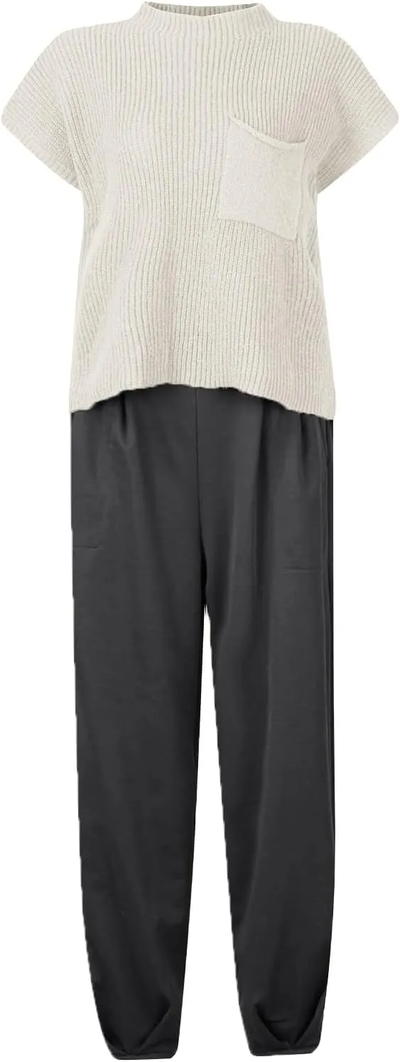 midelxp Womens Two Piece Outfits Casual Sweater Sets Knit Cap Sleeve Tops High Waisted Pants with Pockets Summer Lounge Sets