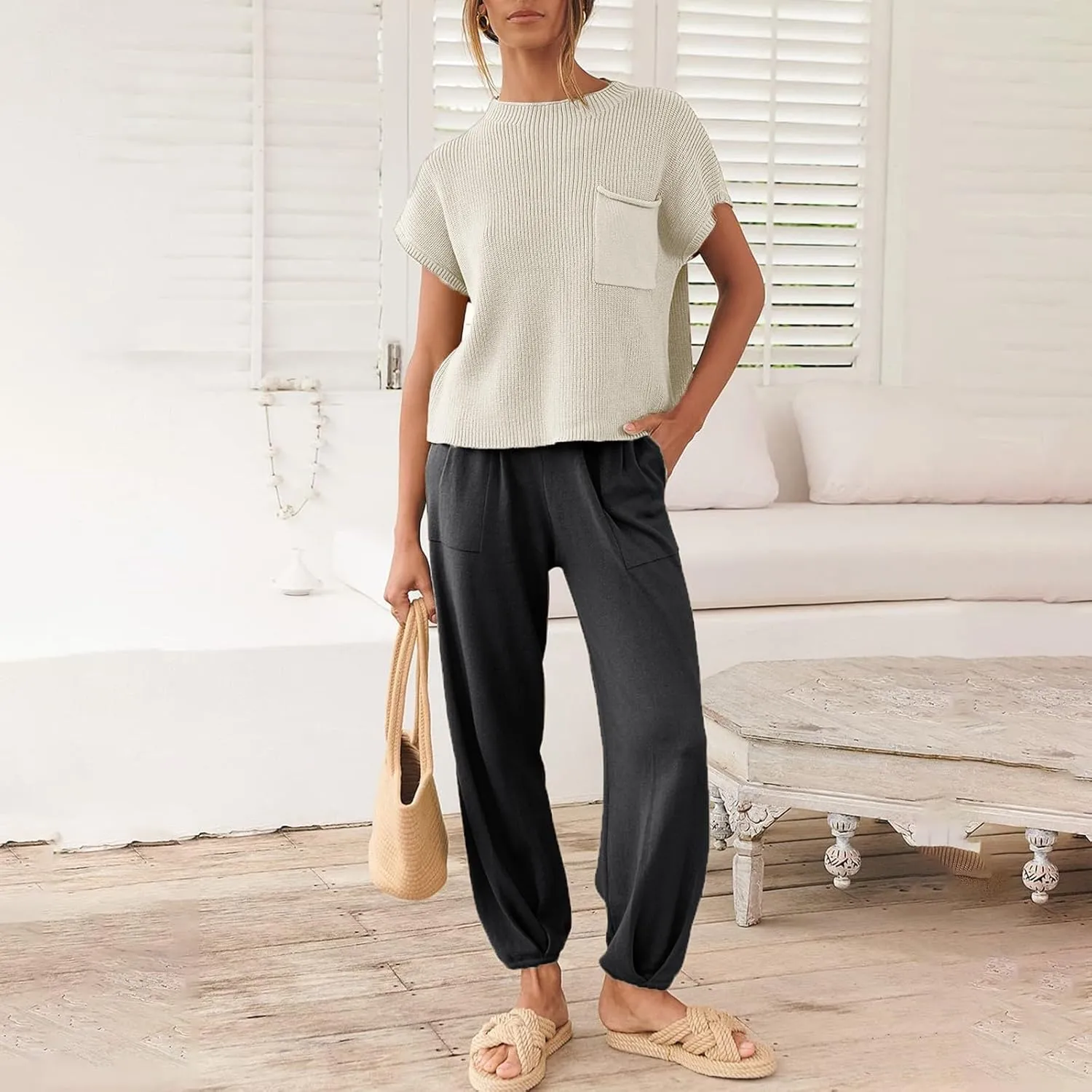 midelxp Womens Two Piece Outfits Casual Sweater Sets Knit Cap Sleeve Tops High Waisted Pants with Pockets Summer Lounge Sets