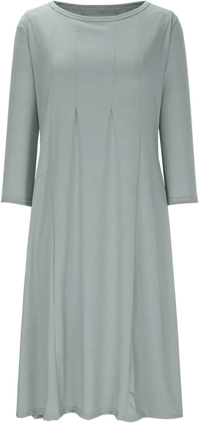 Midi Dresses for Women 2025 Casual Spring Summer Solid 3/4 Sleeve Tshirt Dress Loose Flowy Pleated A Line Swing Dress