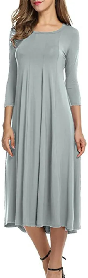 Midi Dresses for Women 2025 Casual Spring Summer Solid 3/4 Sleeve Tshirt Dress Loose Flowy Pleated A Line Swing Dress