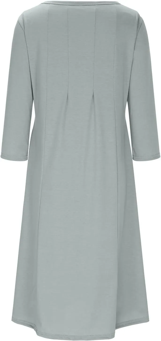 Midi Dresses for Women 2025 Casual Spring Summer Solid 3/4 Sleeve Tshirt Dress Loose Flowy Pleated A Line Swing Dress