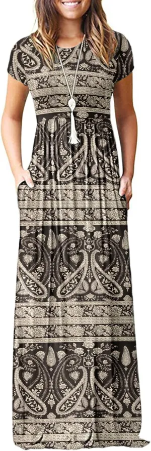 MISFAY Women Short Sleeve Loose Plain Maxi Dresses Casual Long Dresses Pockets