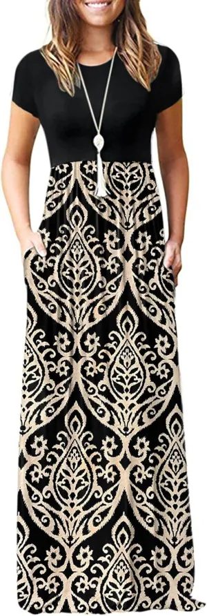 MISFAY Women Short Sleeve Loose Plain Maxi Dresses Casual Long Dresses Pockets