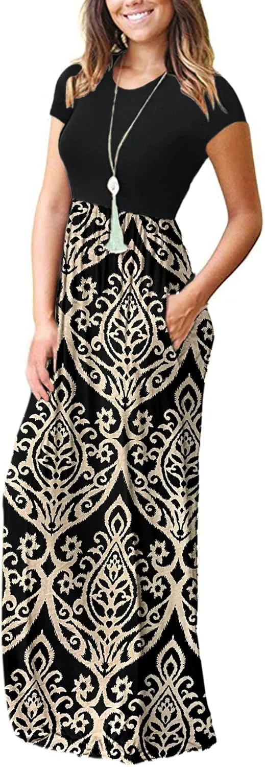MISFAY Women Short Sleeve Loose Plain Maxi Dresses Casual Long Dresses Pockets