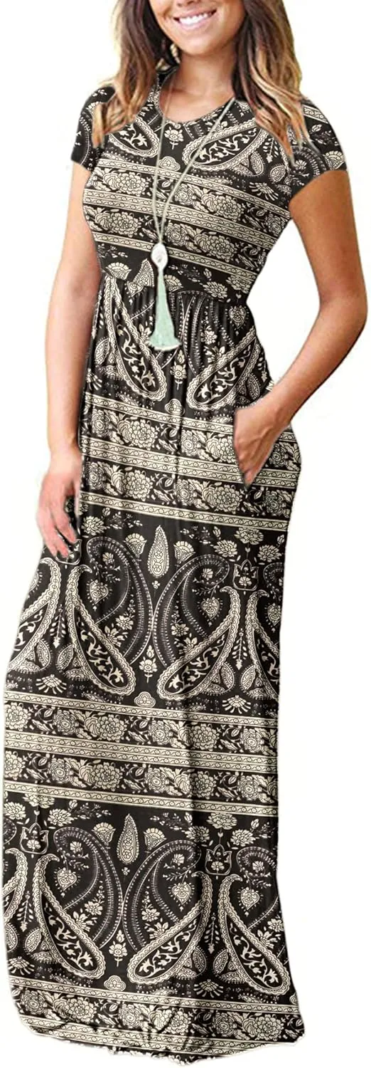 MISFAY Women Short Sleeve Loose Plain Maxi Dresses Casual Long Dresses Pockets