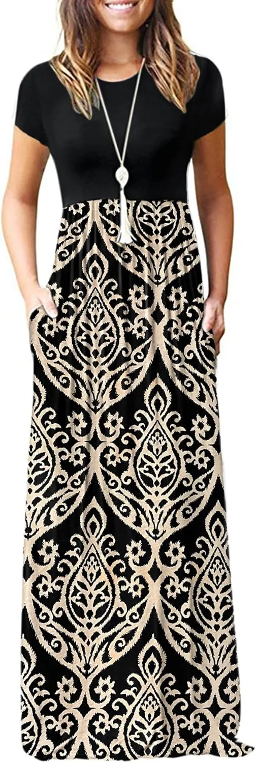 MISFAY Women Short Sleeve Loose Plain Maxi Dresses Casual Long Dresses Pockets