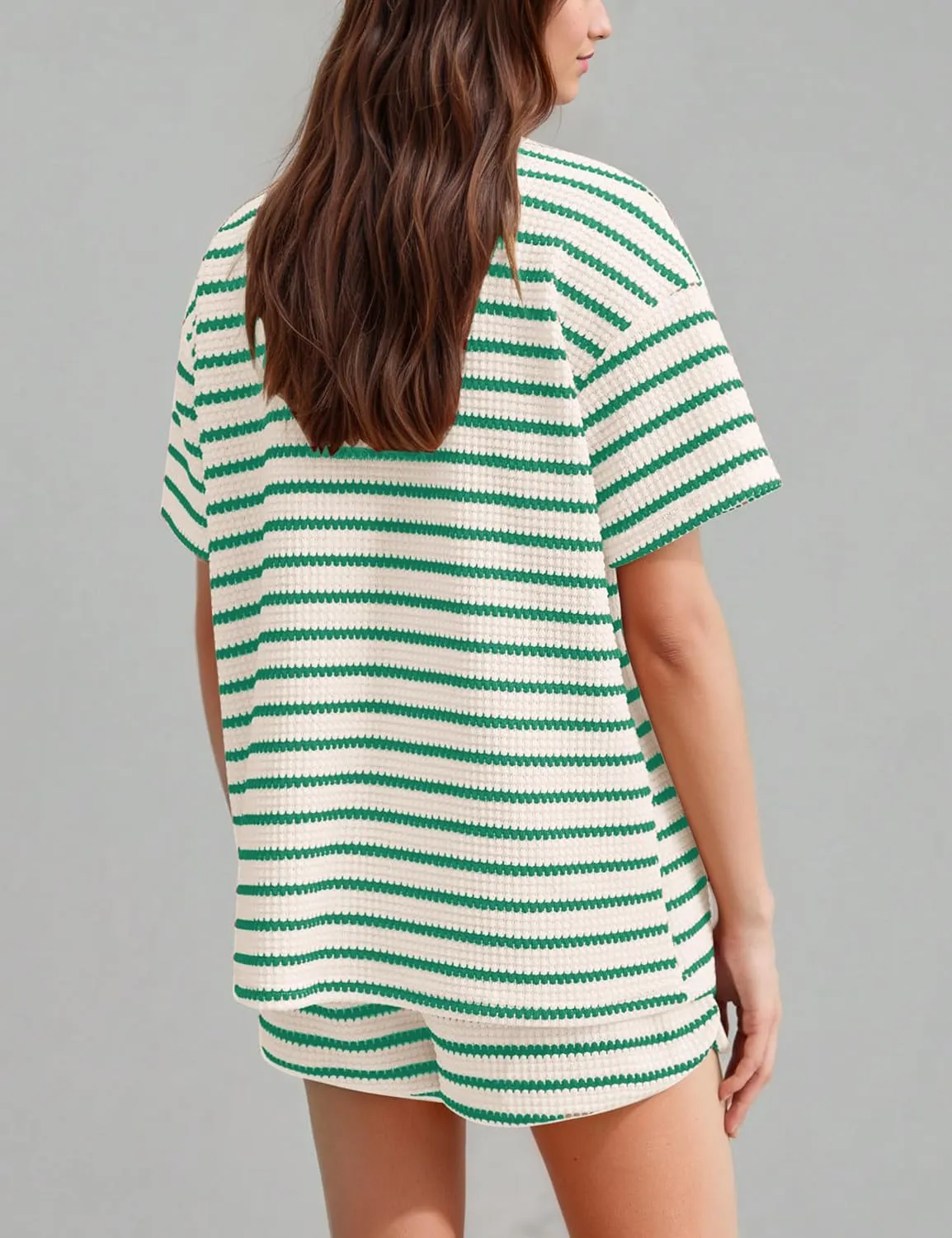 MISSACTIVER Lounge 2 Piece Sets for Women Stripe Short Sleeve Button Down Knit T Shirts Shorts Summer Matching Pajama Set