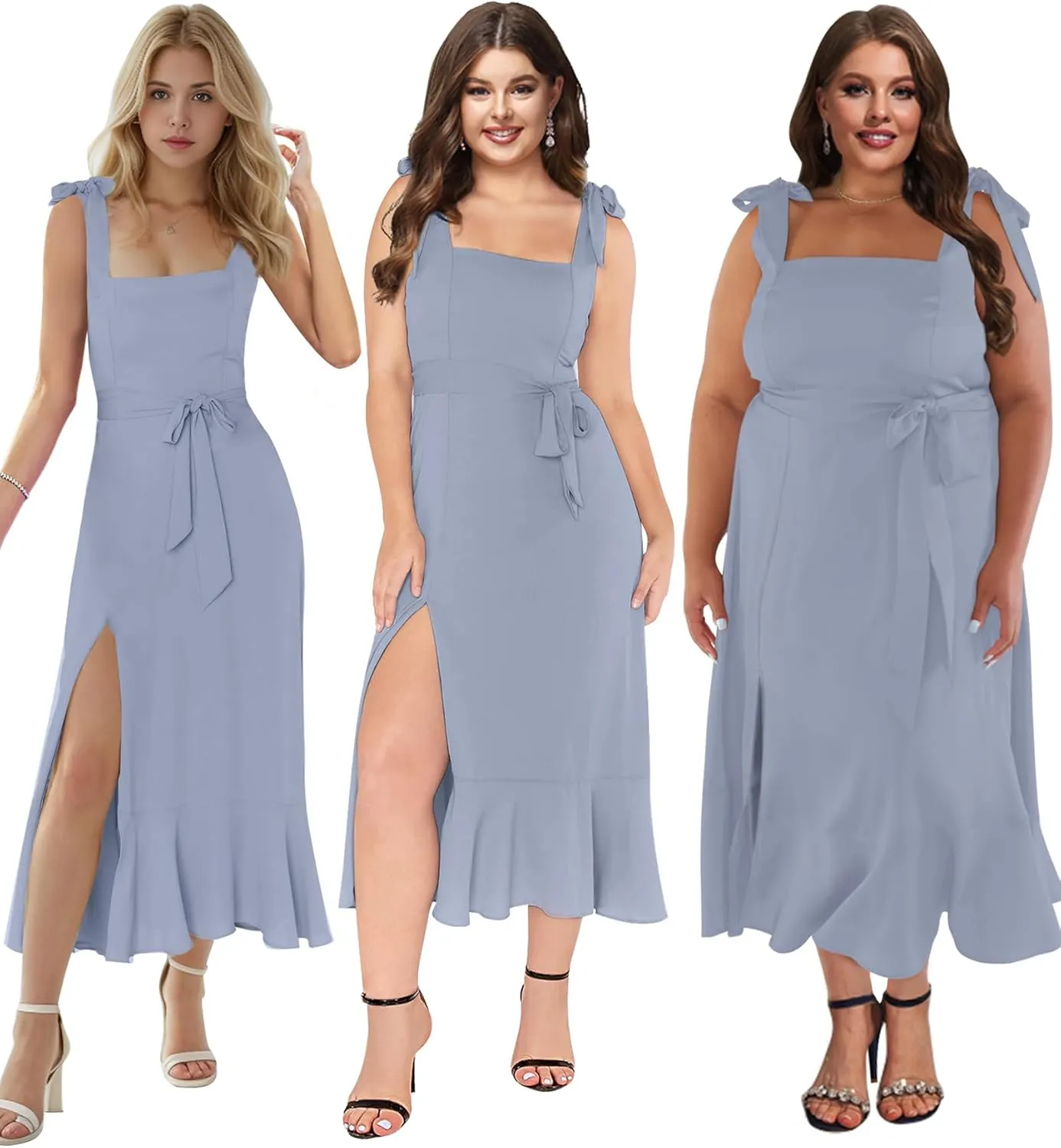 MllesReve Women Midi Dresses Square Neck Side Slit Ruffle Smock Dresses Elegant Formal Evening Wedding Guest Dresses