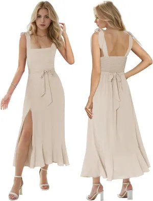 MllesReve Women Midi Dresses Square Neck Side Slit Ruffle Smock Dresses Elegant Formal Evening Wedding Guest Dresses