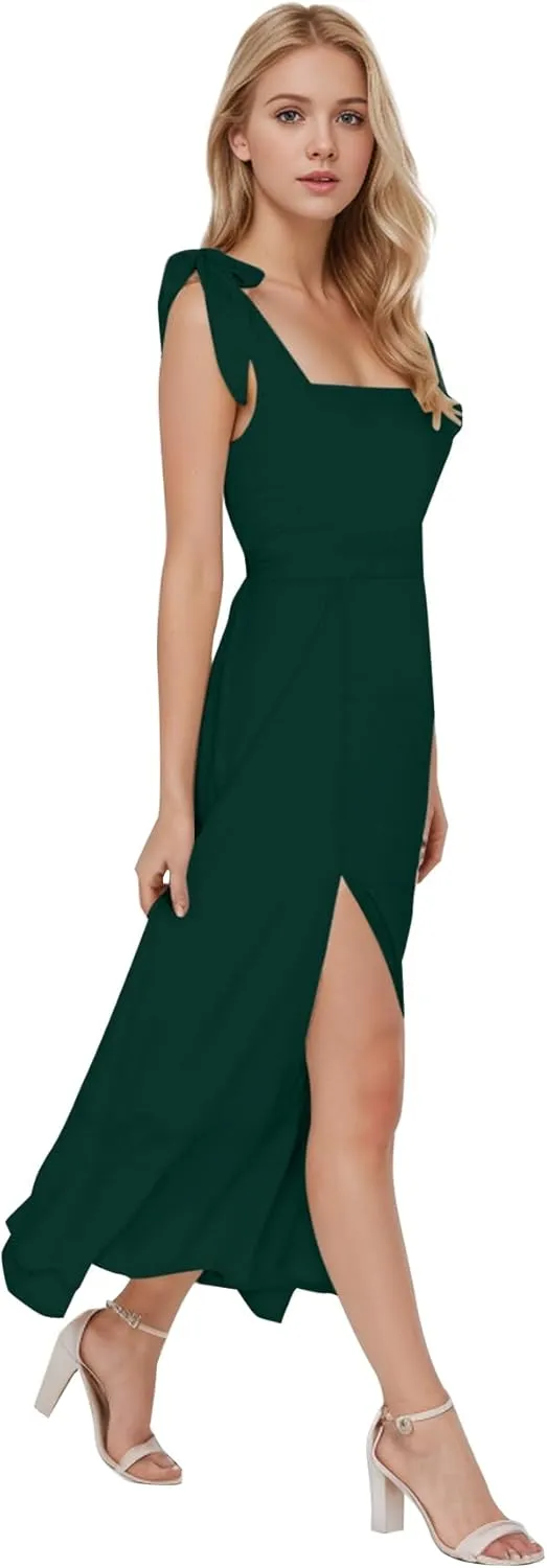 MllesReve Women Midi Dresses Square Neck Side Slit Ruffle Smock Dresses Elegant Formal Evening Wedding Guest Dresses