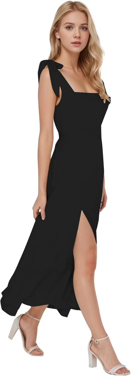 MllesReve Women Midi Dresses Square Neck Side Slit Ruffle Smock Dresses Elegant Formal Evening Wedding Guest Dresses