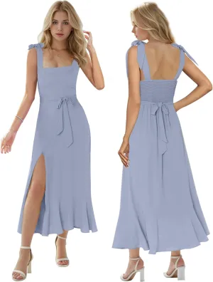 MllesReve Women Midi Dresses Square Neck Side Slit Ruffle Smock Dresses Elegant Formal Evening Wedding Guest Dresses