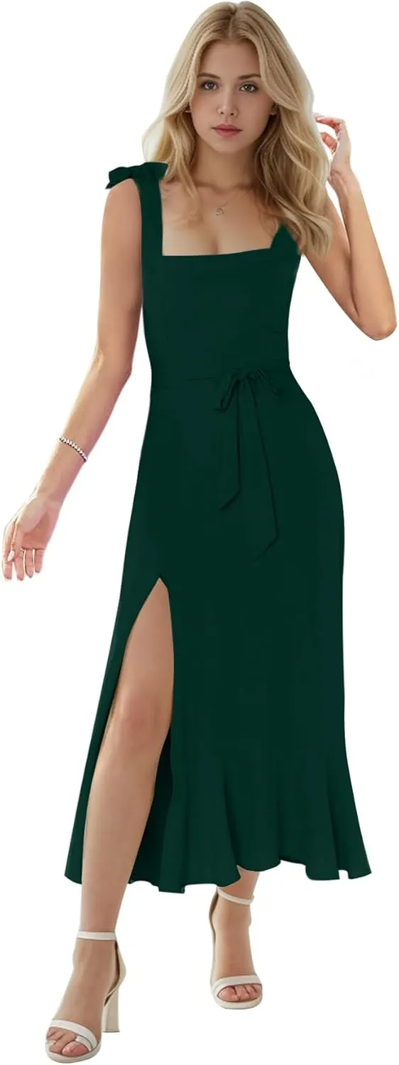 MllesReve Women Midi Dresses Square Neck Side Slit Ruffle Smock Dresses Elegant Formal Evening Wedding Guest Dresses