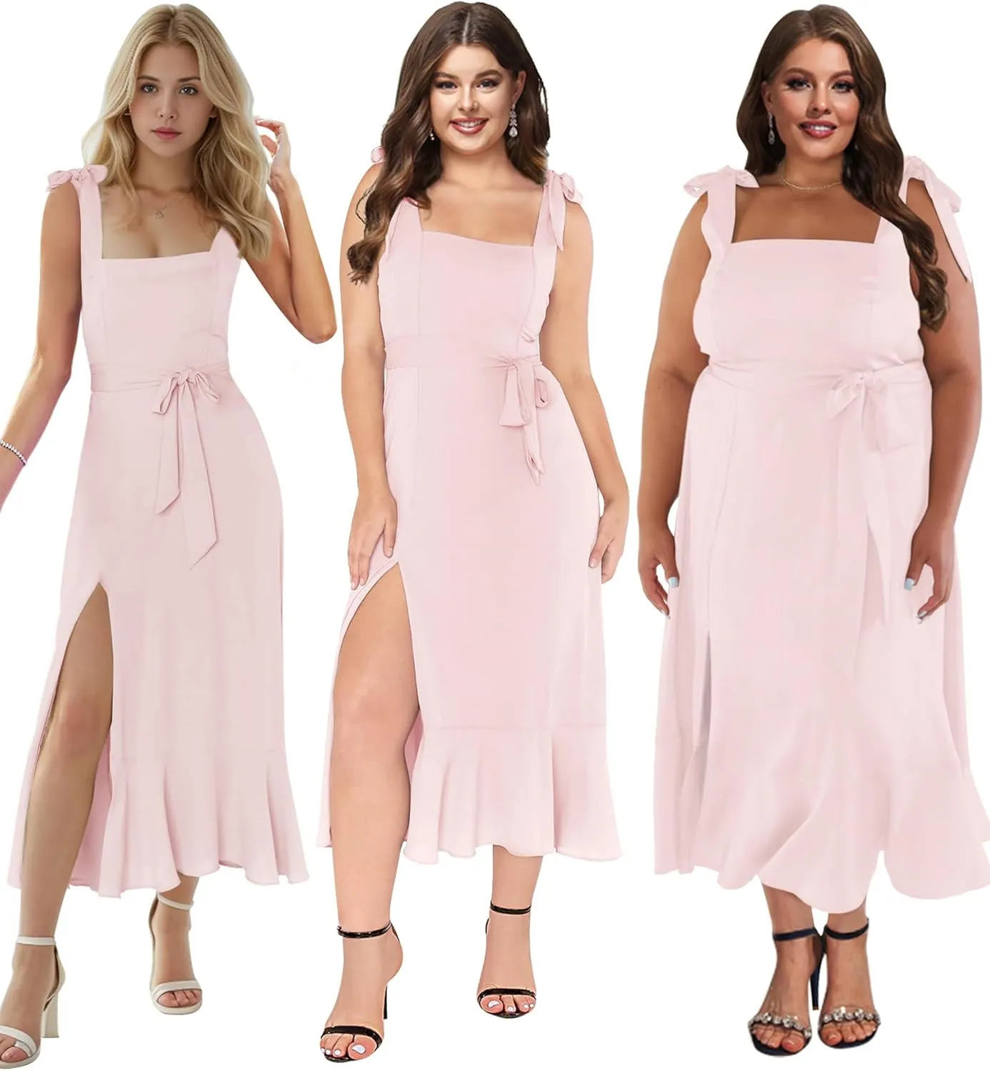 MllesReve Women Midi Dresses Square Neck Side Slit Ruffle Smock Dresses Elegant Formal Evening Wedding Guest Dresses