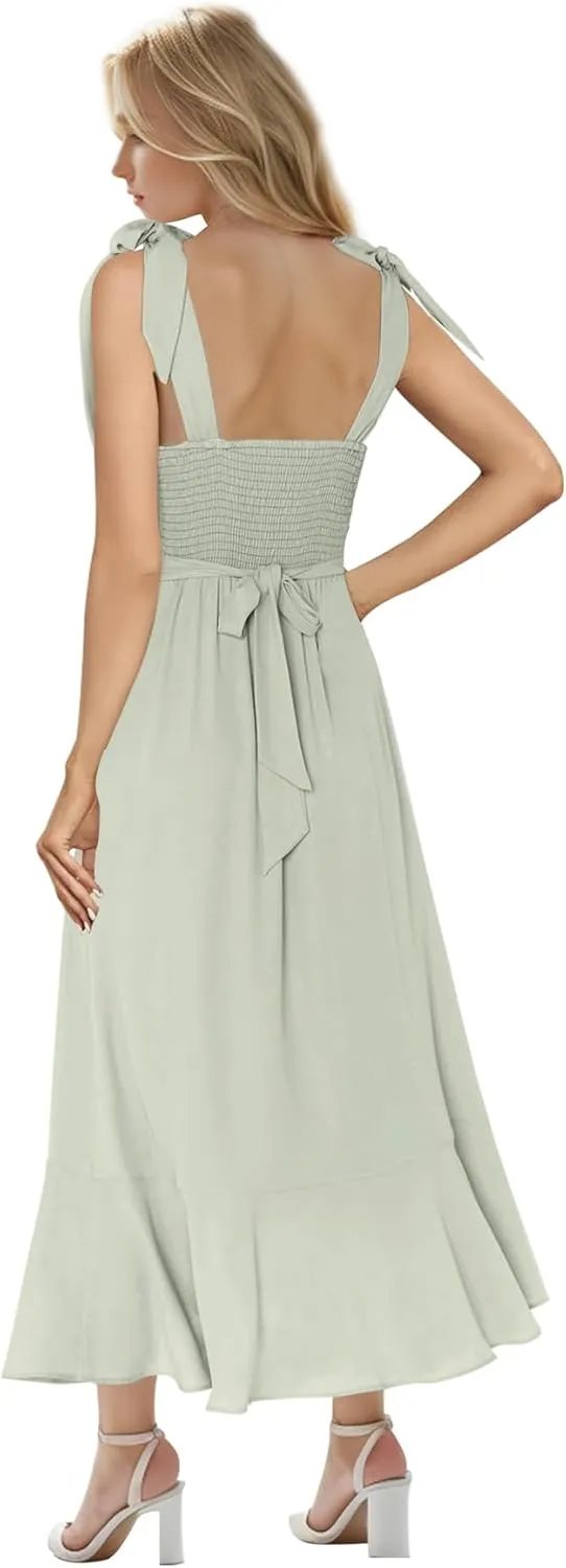 MllesReve Women Midi Dresses Square Neck Side Slit Ruffle Smock Dresses Elegant Formal Evening Wedding Guest Dresses
