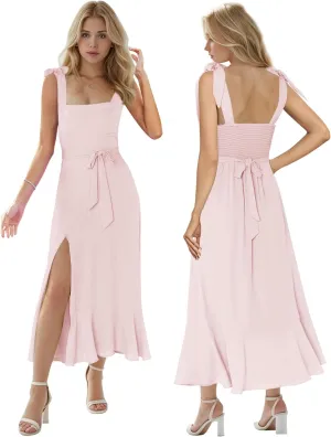 MllesReve Women Midi Dresses Square Neck Side Slit Ruffle Smock Dresses Elegant Formal Evening Wedding Guest Dresses