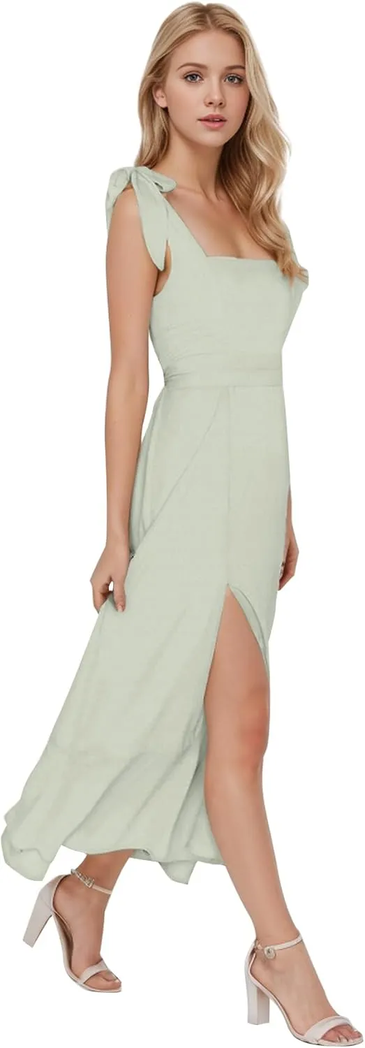 MllesReve Women Midi Dresses Square Neck Side Slit Ruffle Smock Dresses Elegant Formal Evening Wedding Guest Dresses
