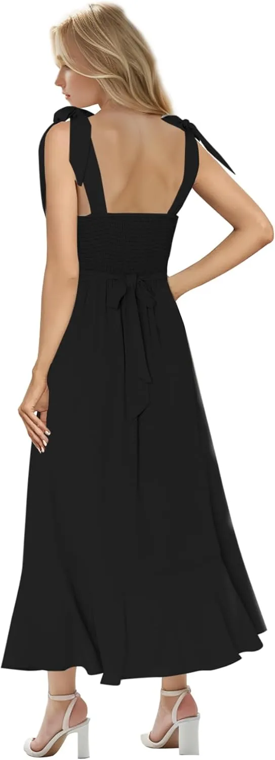 MllesReve Women Midi Dresses Square Neck Side Slit Ruffle Smock Dresses Elegant Formal Evening Wedding Guest Dresses