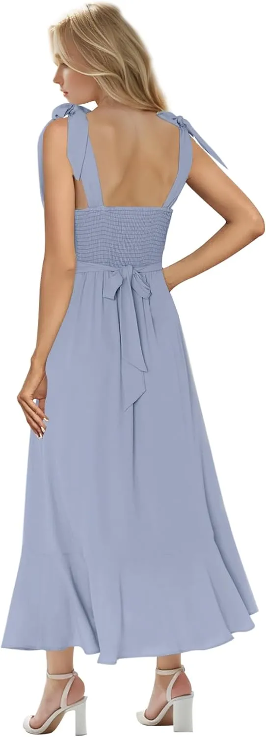 MllesReve Women Midi Dresses Square Neck Side Slit Ruffle Smock Dresses Elegant Formal Evening Wedding Guest Dresses