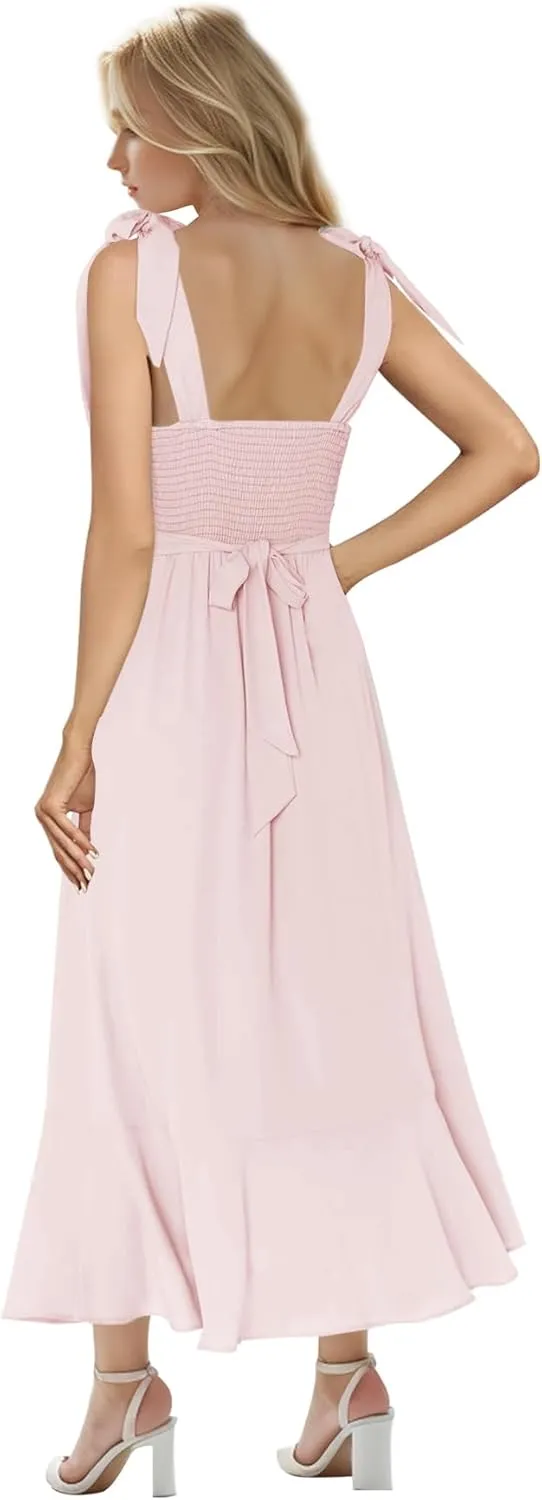 MllesReve Women Midi Dresses Square Neck Side Slit Ruffle Smock Dresses Elegant Formal Evening Wedding Guest Dresses