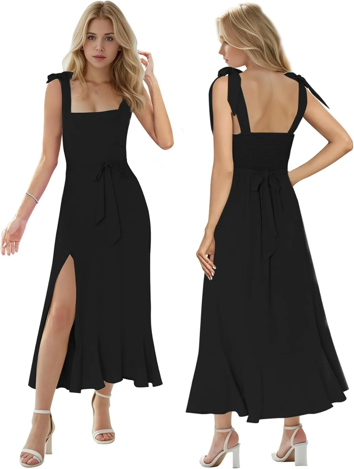 MllesReve Women Midi Dresses Square Neck Side Slit Ruffle Smock Dresses Elegant Formal Evening Wedding Guest Dresses