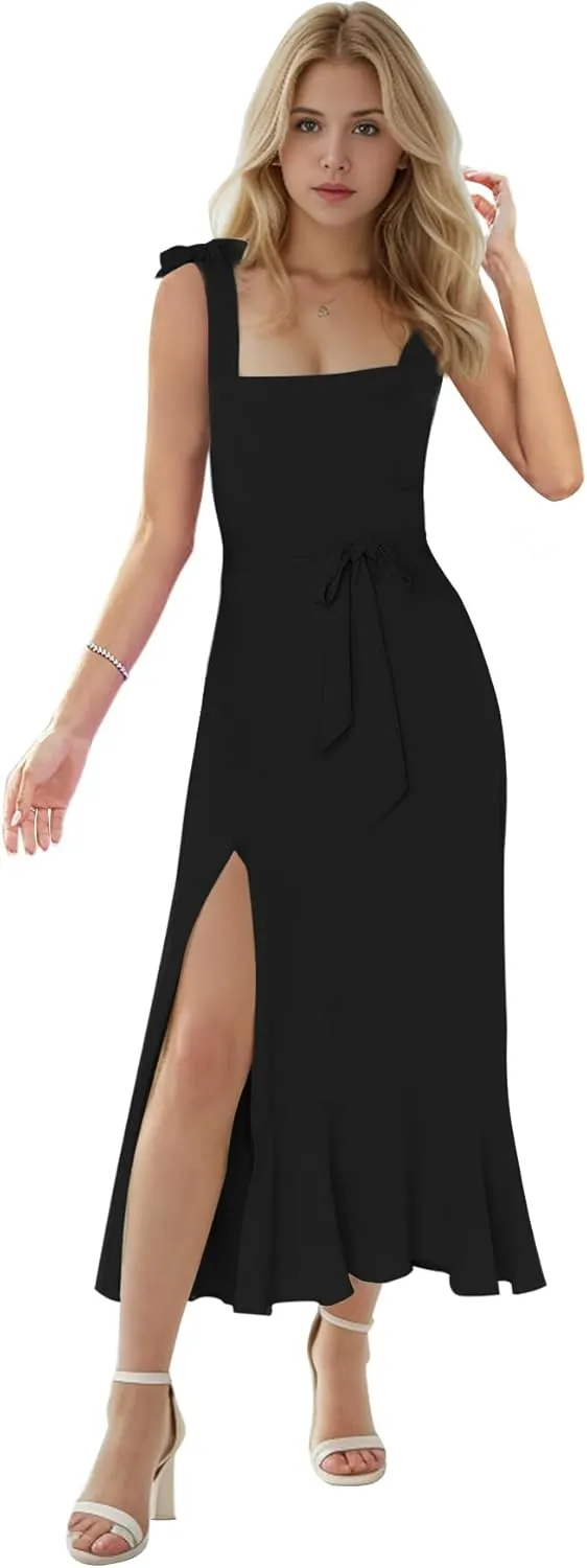 MllesReve Women Midi Dresses Square Neck Side Slit Ruffle Smock Dresses Elegant Formal Evening Wedding Guest Dresses