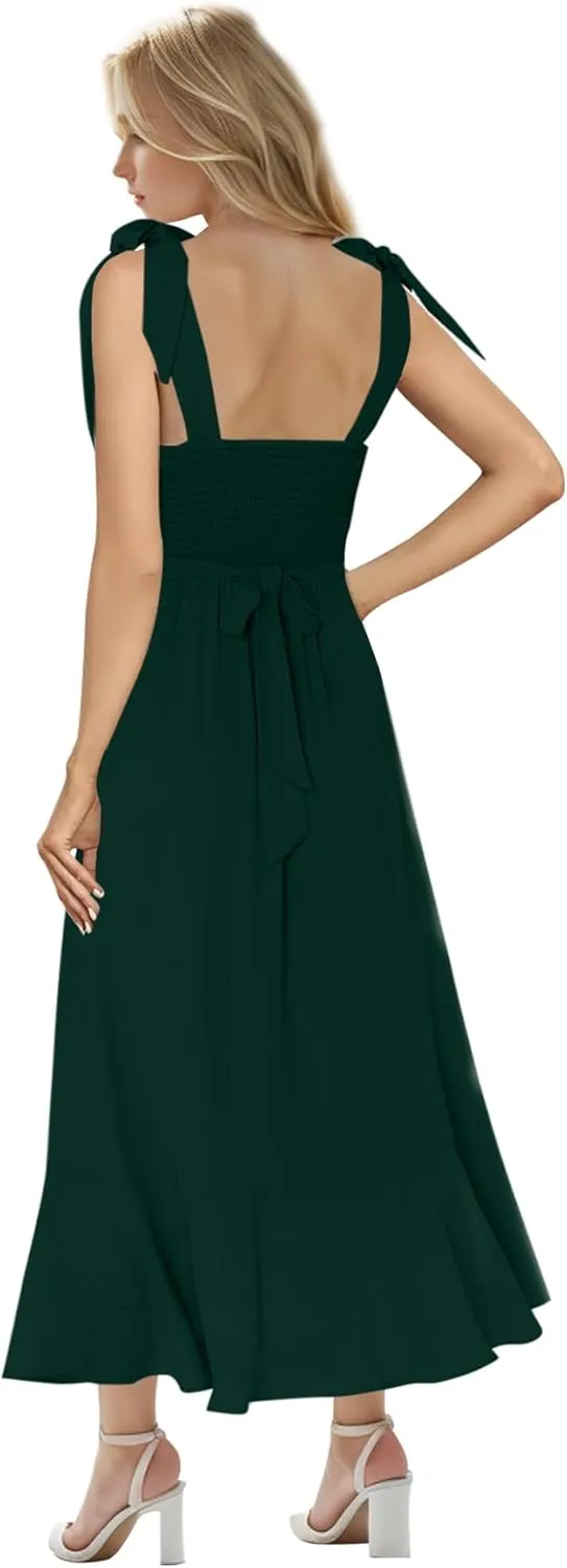 MllesReve Women Midi Dresses Square Neck Side Slit Ruffle Smock Dresses Elegant Formal Evening Wedding Guest Dresses
