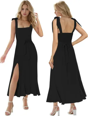 MllesReve Women Midi Dresses Square Neck Side Slit Ruffle Smock Dresses Elegant Formal Evening Wedding Guest Dresses